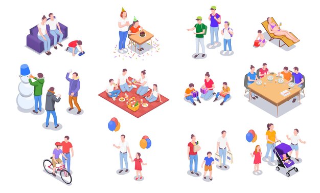 Conjunto con iconos isométricos de vacaciones familiares de personas y actividades de ocio de miembros de la familia con sombras ilustración vectorial