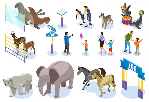 Conjunto de iconos isométricos de zoológico
