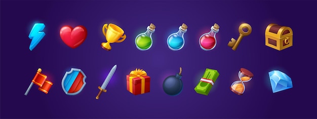Conjunto de iconos de juego escudo espada relámpago flash y corazón copa de oro frascos de poción mágica llave de oro y ...
