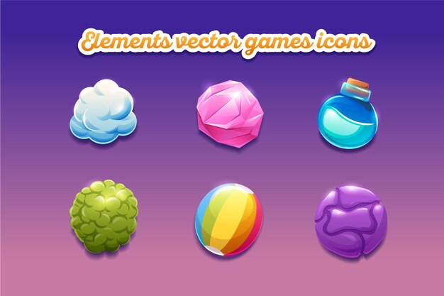 Conjunto de iconos de juego de fantasía de dibujos animados coloridos elementos de tierra de ilustración vectorial elementos de interfaz de usuario de juego