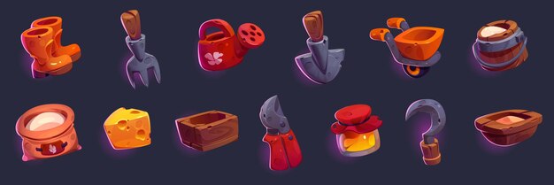 Conjunto de iconos de juego herramientas de jardinería productos agrícolas