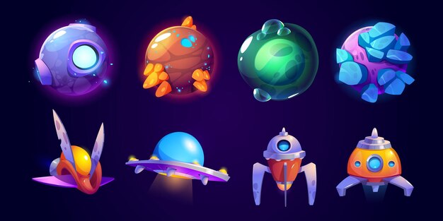 Conjunto de iconos de juego de OVNI de planeta de fantasía de nave espacial alienígena
