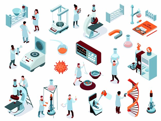 Conjunto de iconos de laboratorio de ciencia isométrica con herramientas aisladas, equipos, científicos y flacks, ilustración vectorial