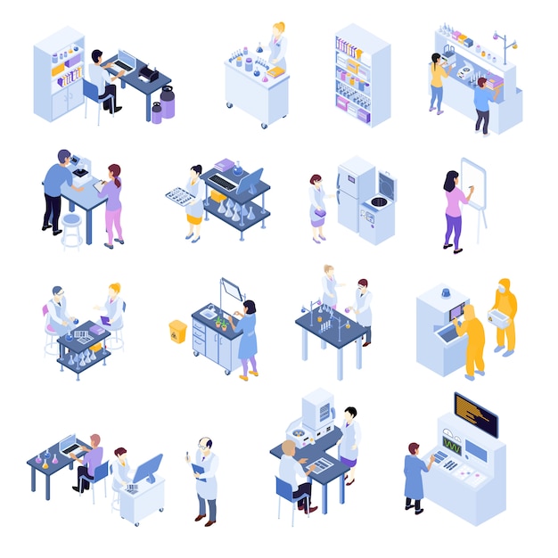 Conjunto de iconos de laboratorio científico isométrico de color con trabajadores de laboratorio en sus lugares de trabajo