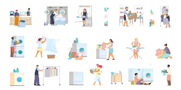 Conjunto de iconos de lavandería aislados e imágenes planas de bastidores de lavadoras con ropa y personas ilustración vectorial Vector Premium 