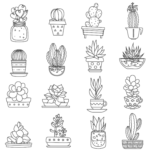 Vector gratuito conjunto de iconos de línea de cactus