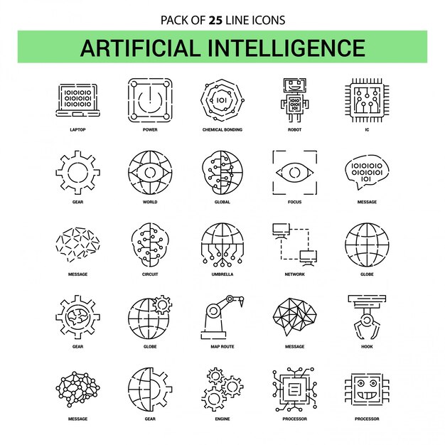 Conjunto de iconos de línea de inteligencia artificial - 25 estilo de contorno discontinuo