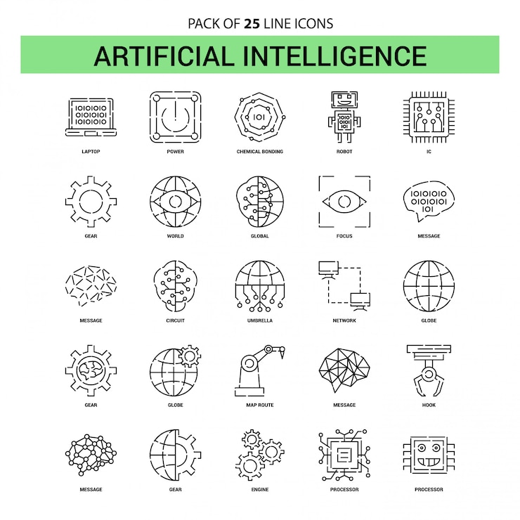 Conjunto de iconos de línea de inteligencia artificial - 25 estilo de contorno discontinuo