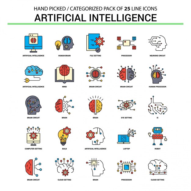 Conjunto de iconos de línea plana de inteligencia artificial - concepto de negocio diseño de iconos