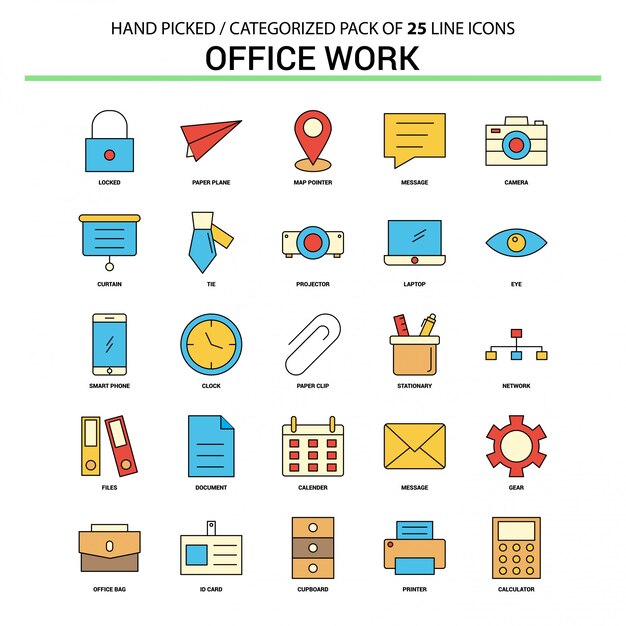 Conjunto de iconos de línea plana de trabajo de oficina