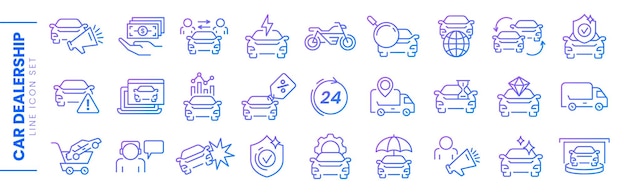 Conjunto de iconos de líneas delgadas vectoriales de concesionarios de automóviles de venta de automóviles industria automotriz o vehículo