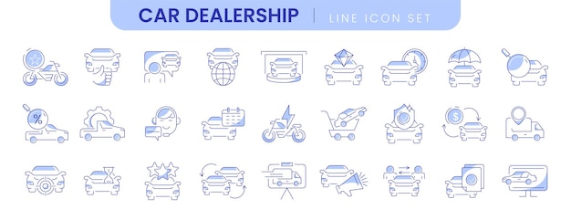 Conjunto de iconos de líneas delgadas vectoriales de concesionarios de automóviles de venta de automóviles industria automotriz o vehículo