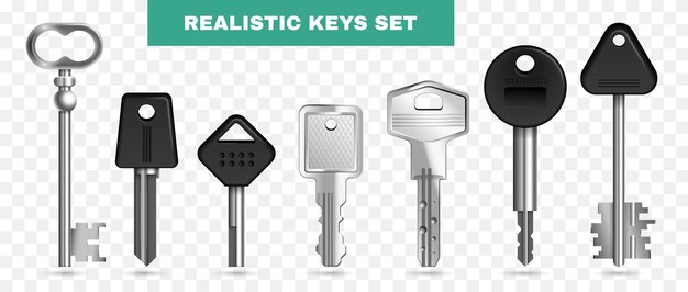 Conjunto de iconos de llaves aisladas realistas llaves de diferentes propósitos con piezas de hierro y de plástico ilustración vectorial