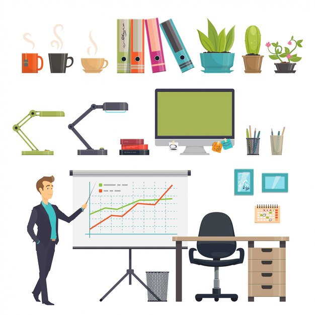 Conjunto de iconos de lugar de trabajo de negocios coloridos