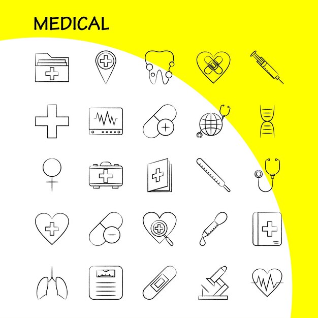 Conjunto de iconos médicos dibujados a mano para infografías Kit UXUI móvil y diseño de impresión incluyen dientes boca dentista médico presión arterial médico Eps 10 Vector