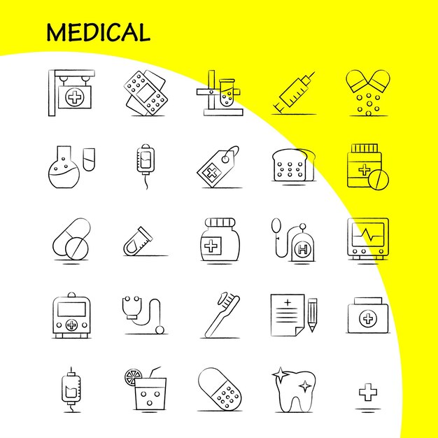 Conjunto de iconos médicos dibujados a mano para infografías El kit UXUI móvil y el diseño de impresión incluyen forma delgada Body Fitness Apple Fruit Food Meal Collection Modern Infographic Logo and Pictogram Vector