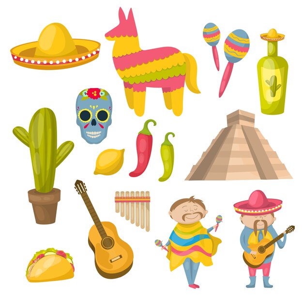 Conjunto de iconos mexicanos con tradiciones residentes locales y características distintivas de la ilustración de vector de país