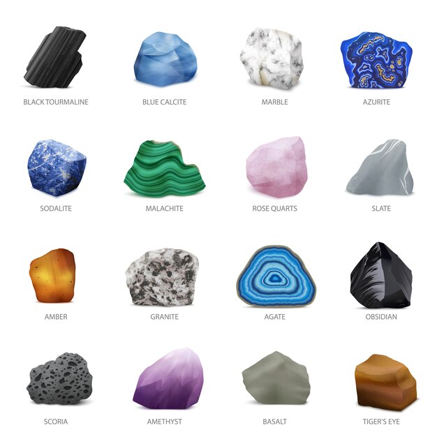 Conjunto de iconos minerales de piedra de color y realista turmalina negra mármol de calcita azul azurita sodalita malaquita cuarzo rosa y otros ilustración