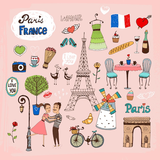Conjunto de iconos y monumentos de París Francia dibujados a mano