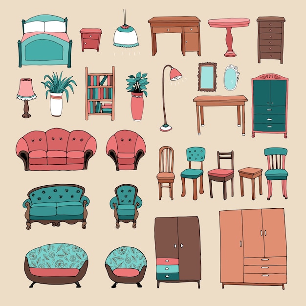 Vector gratuito conjunto de iconos de muebles y accesorios para el hogar