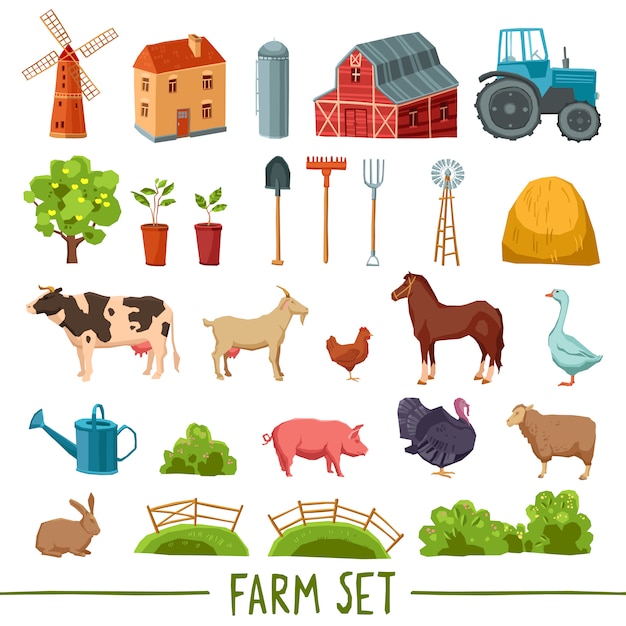 Vector gratuito conjunto de iconos multicolores de granja