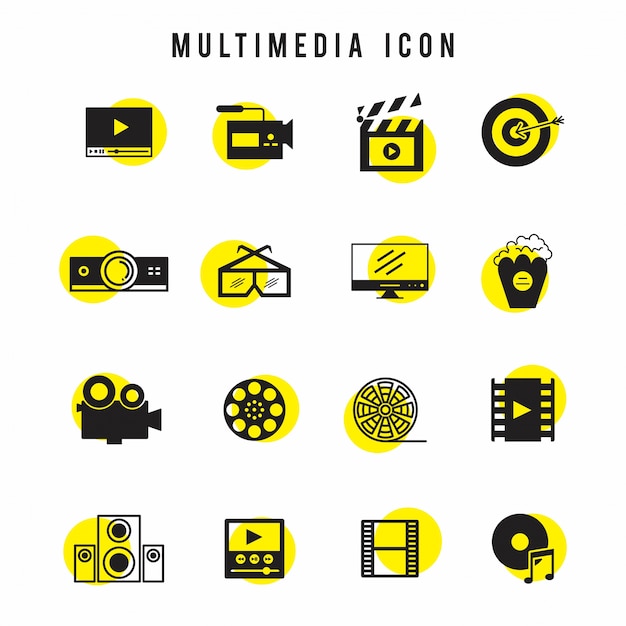 Conjunto de iconos multimedia negro y amarillo