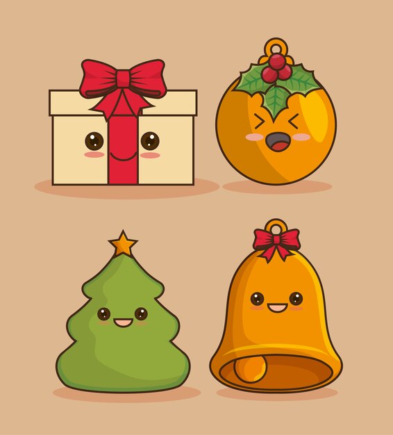 Conjunto de iconos de Navidad, estilo kawaii