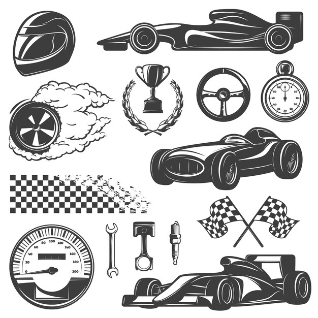 Conjunto de iconos negros y aislados de carreras con herramientas y equipos para la ilustración de vector de street racer