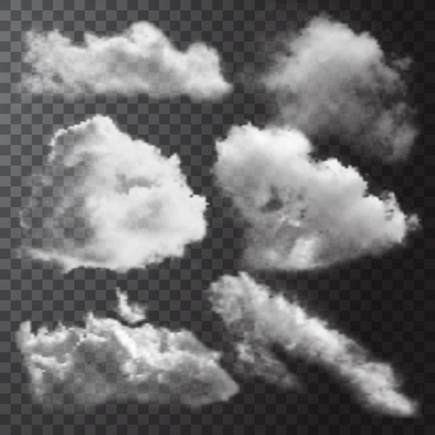 Conjunto de iconos de nubes blancas realistas con diferentes formas y tamaños