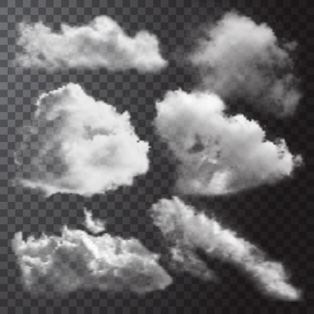 Conjunto de iconos de nubes blancas realistas con diferentes formas y tamaños