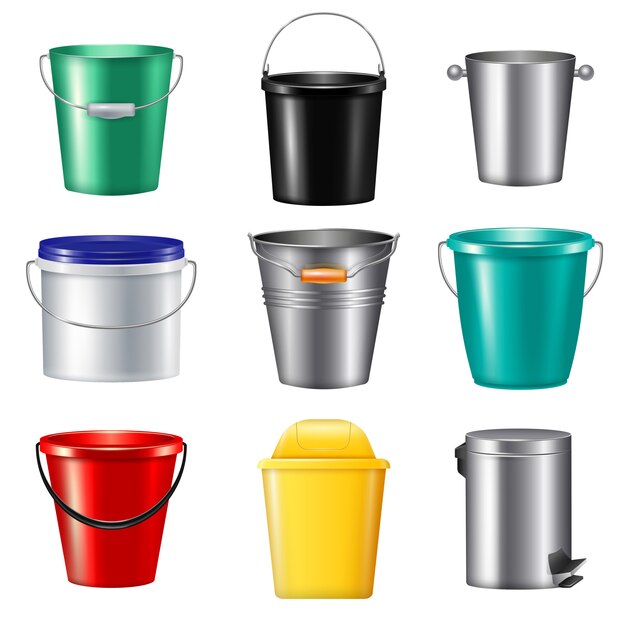 Conjunto de iconos de nueve cubos realistas aislados plástico y metálico para diferentes necesidades ilustración