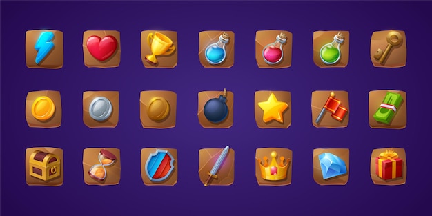 Conjunto de iconos o botones de juego. Escudo de interfaz de usuario 3d de dibujos animados, espada, flash y corazón, copa de oro, frascos de poción mágica, llave de oro y cofre del tesoro. Bandera, caja de regalo, bomba y billetes de dinero, reloj de arena y brillante.