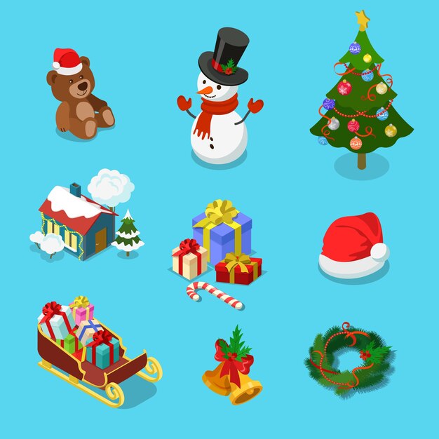 Conjunto de iconos de objeto de vacaciones de invierno detallado de oso de peluche muñeco de nieve abeto casa de pueblo regalo sombrero trineo guirnalda Feliz Navidad Feliz año nuevo concepto plano isométrico web infografía plantilla