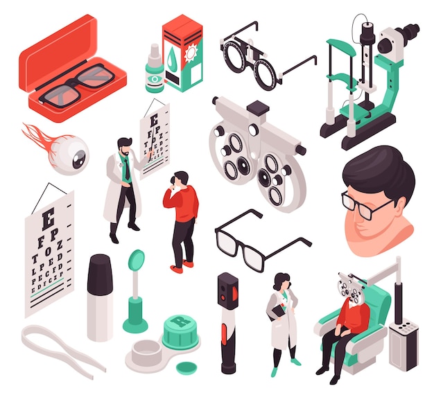 Conjunto con íconos oftalmológicos isométricos aislados e imágenes de productos para el cuidado de lentes oculares e ilustraciones vectoriales de personas