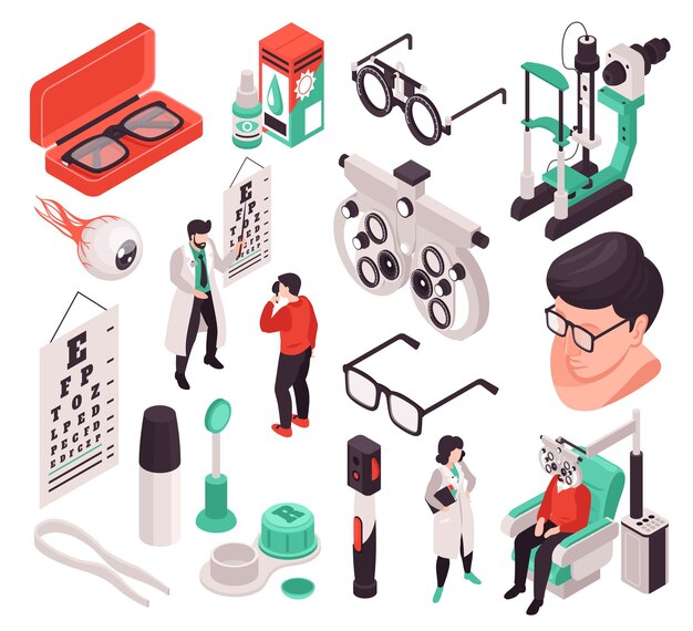 Conjunto con íconos oftalmológicos isométricos aislados e imágenes de productos para el cuidado de lentes oculares e ilustraciones vectoriales de personas