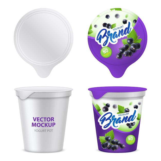 Conjunto de iconos de paquete de yogur realista con ilustración de vector de vista frontal superior de plantilla de maqueta 3d