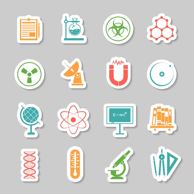 Vector gratuito conjunto de iconos de pegatinas de ciencia