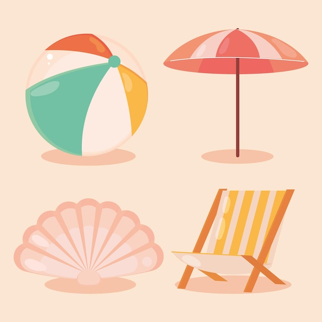 Vector gratuito conjunto de iconos de pelota y silla de playa