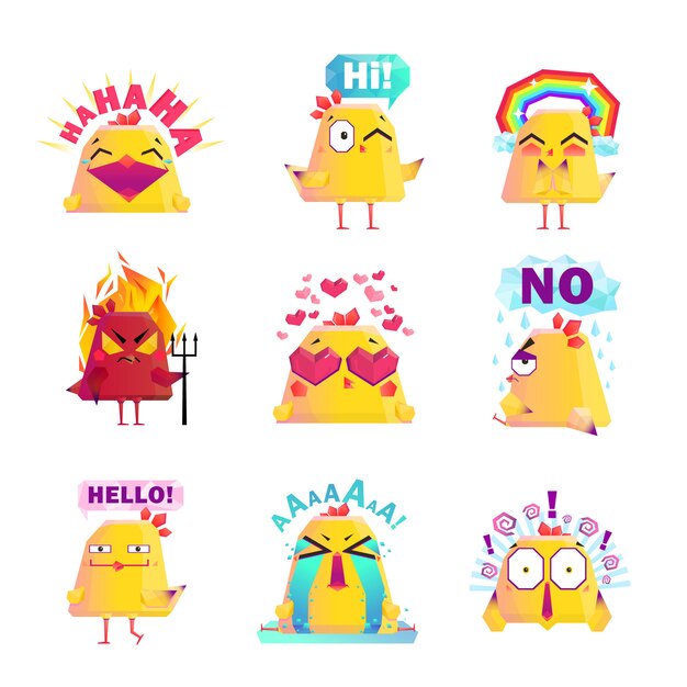 Conjunto de iconos de personaje de dibujos animados de pollo divertido