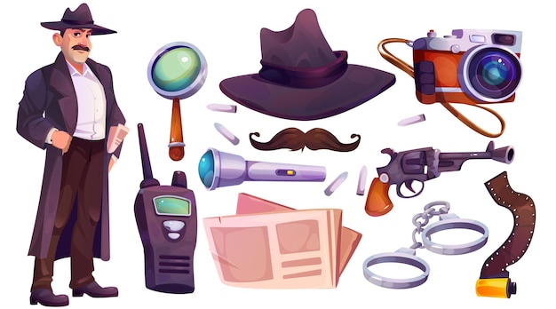 Conjunto de iconos de personajes de detectives y equipos de espionaje