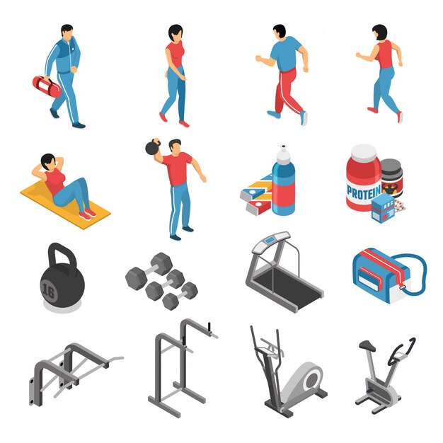 Conjunto de iconos y personajes isométricos de salud fitness