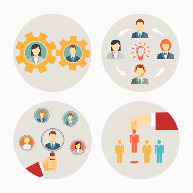 Conjunto de iconos de personal y gente de negocios de vector en círculos que representan un conjunto de engranajes para el trabajo en equipo, un liderazgo de grupo de lluvia de ideas de un grupo o equipo y reclutamiento o despido