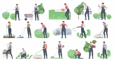 Vector gratuito conjunto de iconos de personas y herramientas de jardín con personajes humanos planos aislados de jardineros que realizan diferentes trabajos de ilustración vectorial