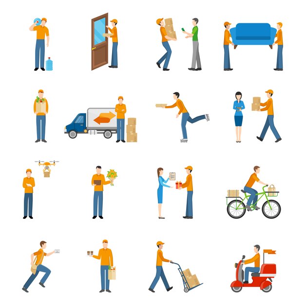 Conjunto de iconos de personas de mensajería de entrega