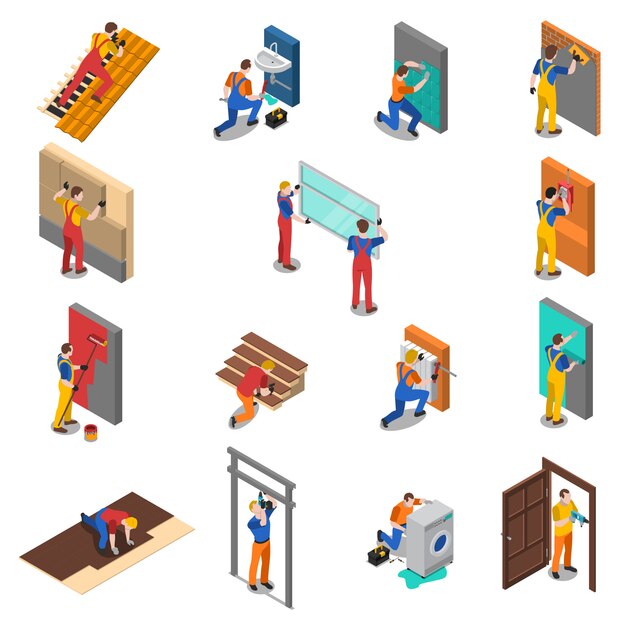 Conjunto de iconos de personas trabajador de reparación de viviendas