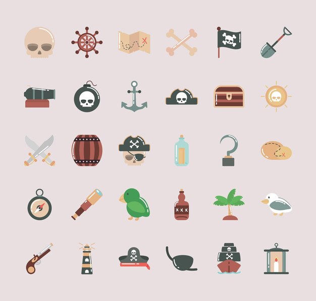 conjunto de iconos piratas estilo plano