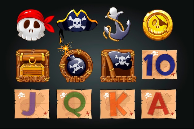 Vector gratuito conjunto de iconos piratas para máquinas tragamonedas. monedas, tesoros, calaveras, símbolos piratas para el juego.