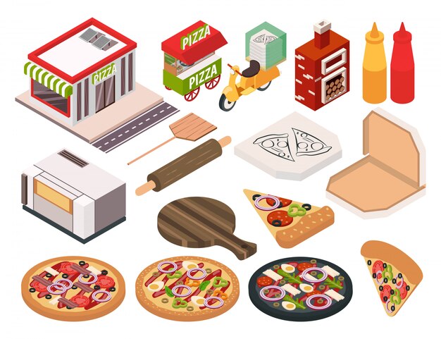 Vector gratuito conjunto de iconos de pizzería isométrica