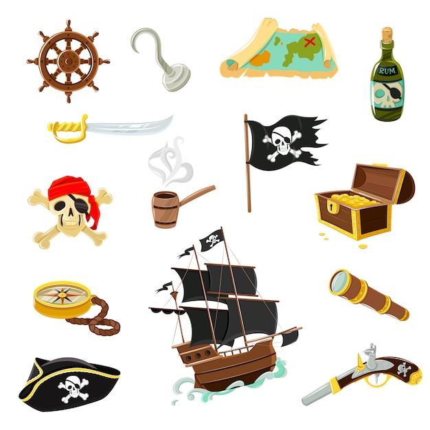 Conjunto de iconos planos de accesorios de pirata