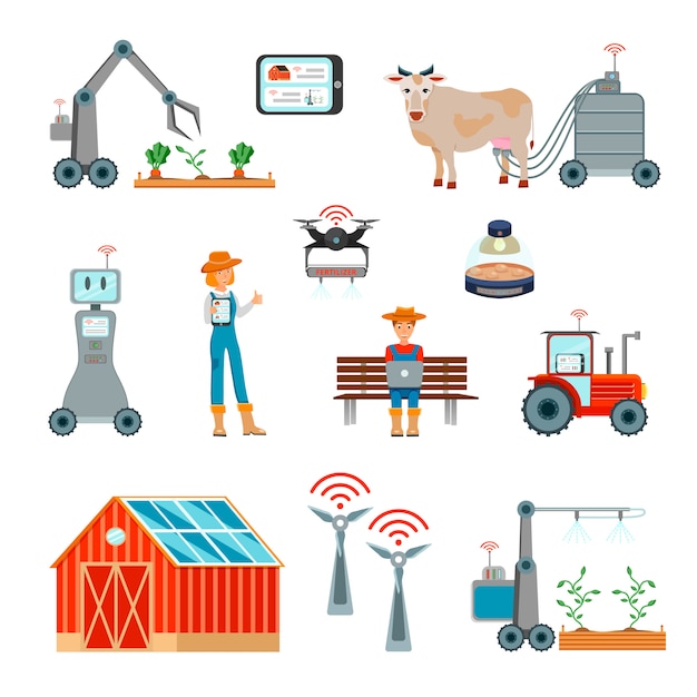 Vector gratuito conjunto de iconos planos de agricultura inteligente